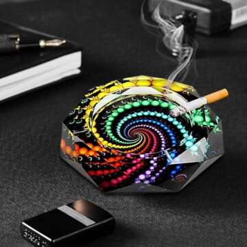 Ashtray, Durable Cigar Ashtray with Circle Pattern, Ashtray for Outside Patio, Decorative Glass Outdoor Ashtray, Colorful Ash Tray, Ash Tray Outdoors for Home Office Indoor Patio Outdoor Decoration