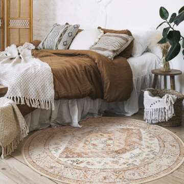 Lahome Boho Circle Rug - 6Ft Washable Round Area Rugs for Living Room Non-Slip Throw Round Dining Room Rug Large Round Rug, Oriental Distressed Print Circular Rug for Office Classroom Bedroom Sofa