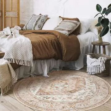 Lahome Boho Circle Rug - 6Ft Washable Round Area Rugs for Living Room Non-Slip Throw Round Dining Room Rug Large Round Rug, Oriental Distressed Print Circular Rug for Office Classroom Bedroom Sofa