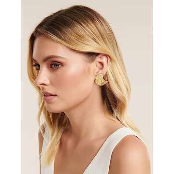 WOWORAMA Matte Gold Statement Earrings for Women Textured Seashell Earrings Vintage Ocean Wave Sea Earrings Boho Geometric Stud Earrings Minimalist Irregular Earrings