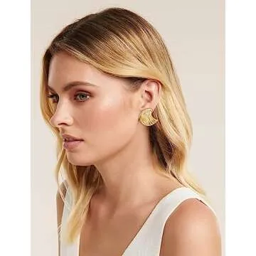 WOWORAMA Matte Gold Statement Earrings for Women Textured Seashell Earrings Vintage Ocean Wave Sea Earrings Boho Geometric Stud Earrings Minimalist Irregular Earrings