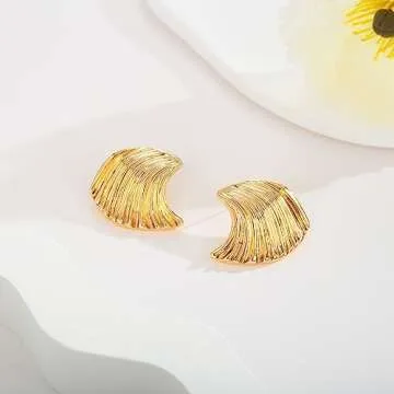WOWORAMA Matte Gold Statement Earrings for Women Textured Seashell Earrings Vintage Ocean Wave Sea Earrings Boho Geometric Stud Earrings Minimalist Irregular Earrings