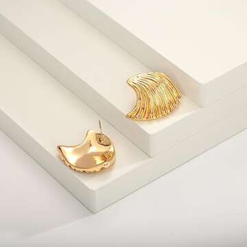 WOWORAMA Matte Gold Statement Earrings for Women Textured Seashell Earrings Vintage Ocean Wave Sea Earrings Boho Geometric Stud Earrings Minimalist Irregular Earrings