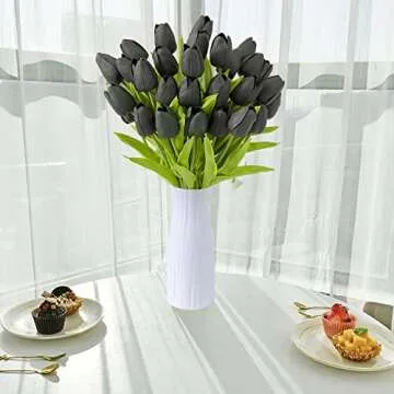 JIFTOK 30pcs Tulips Artificial Flowers Fake Flowers for Decoration, Faux Flowers Tulips Real Touch Arrangement Bouquet for Wedding Home Office Party, Faux Flowers Bulk Gift Idea for Mothers Day(Black)