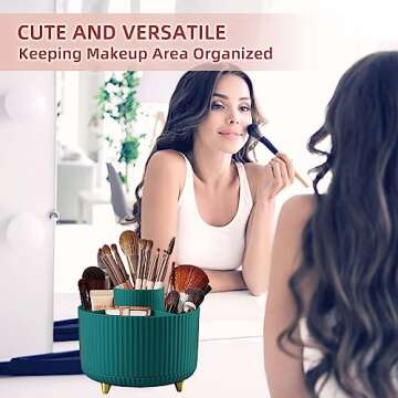 IUSEIT 360°Rotating Makeup Organizer, 5 Slot Makeup Brush Holder, Spinning Cosmetic Organizer for Vanity, Bedroom(Green)