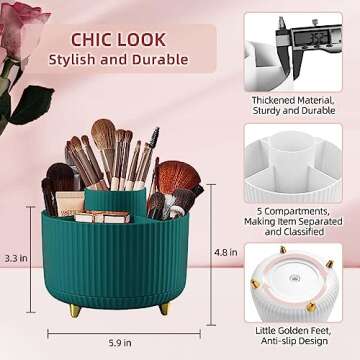 IUSEIT 360°Rotating Makeup Organizer, 5 Slot Makeup Brush Holder, Spinning Cosmetic Organizer for Vanity, Bedroom(Green)