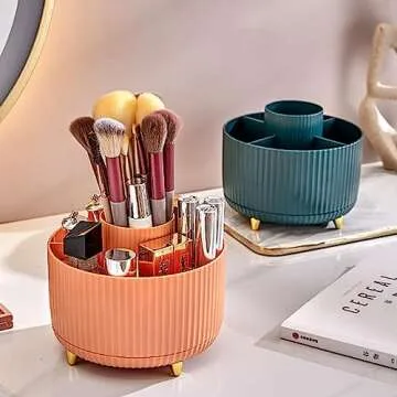 IUSEIT 360°Rotating Makeup Organizer, 5 Slot Makeup Brush Holder, Spinning Cosmetic Organizer for Vanity, Bedroom(Green)