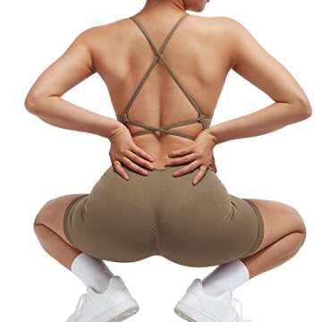 SUUKSESS Women Strappy Romper Workout Yoga Seamless One Piece Jumpsuit Tummy Control Padded Sports Bra (Dark Coffee, S)