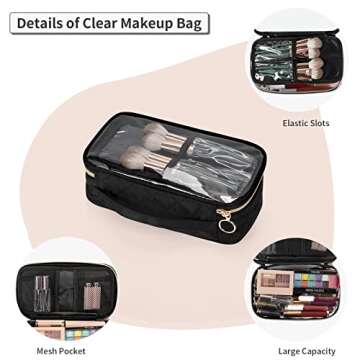 OCHEAL Clear Makeup Bag, Portable Makeup Bag Organizer Cosmetic Bag, Travel Makeup Bag Cute Clear Pouch For Women and Girls Cosmetics Bags with Divider Makeup Brush Compartment- Black