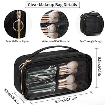 OCHEAL Clear Makeup Bag, Portable Makeup Bag Organizer Cosmetic Bag, Travel Makeup Bag Cute Clear Pouch For Women and Girls Cosmetics Bags with Divider Makeup Brush Compartment- Black