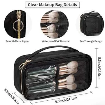 OCHEAL Clear Makeup Bag, Portable Makeup Bag Organizer Cosmetic Bag, Travel Makeup Bag Cute Clear Pouch For Women and Girls Cosmetics Bags with Divider Makeup Brush Compartment- Black