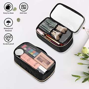 OCHEAL Clear Makeup Bag, Portable Makeup Bag Organizer Cosmetic Bag, Travel Makeup Bag Cute Clear Pouch For Women and Girls Cosmetics Bags with Divider Makeup Brush Compartment- Black