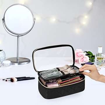 OCHEAL Clear Makeup Bag, Portable Makeup Bag Organizer Cosmetic Bag, Travel Makeup Bag Cute Clear Pouch For Women and Girls Cosmetics Bags with Divider Makeup Brush Compartment- Black