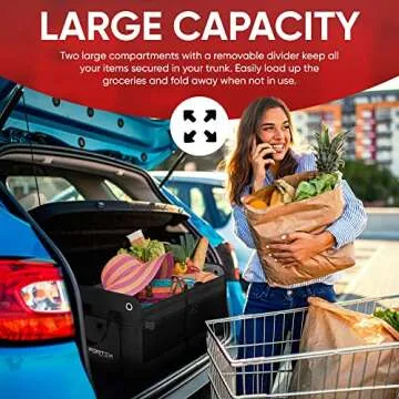 FORTEM SUV Trunk Organizer, Car Organizer, Collapsible Multi-Compartment Storage Bag for Car Accessories for Women Men, Non Slip Bottom, Adjustable Straps, Soft Cover 65L (Large, Black)