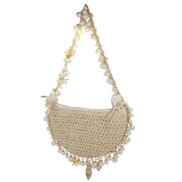 DEBIMY Women Pearl Straw Clutch Purse Woven Summer Beach Evening Bag Wedding Party Straw Shoulder Handbag Beige