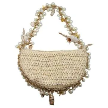 DEBIMY Women Pearl Straw Clutch Purse Woven Summer Beach Evening Bag Wedding Party Straw Shoulder Handbag Beige