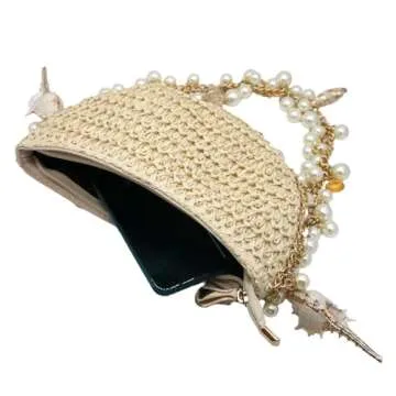 DEBIMY Women Pearl Straw Clutch Purse Woven Summer Beach Evening Bag Wedding Party Straw Shoulder Handbag Beige