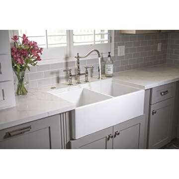 Sinkology SK496-33FC-AMZ Brooks II 33 in. 50/50 Double Bowl Farmhouse Fireclay Kitchen Sink, Crisp White