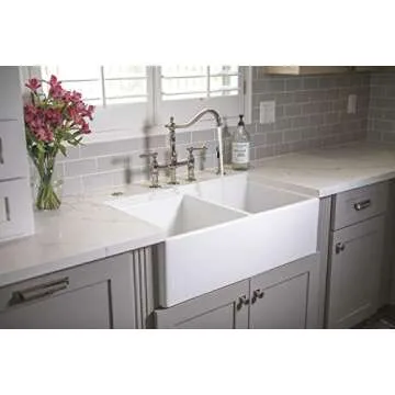 Sinkology SK496-33FC-AMZ Brooks II 33 in. 50/50 Double Bowl Farmhouse Fireclay Kitchen Sink, Crisp White