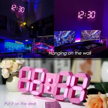 KOSUMOSU Pink LED Clock 3D Wall Clock 9.7" Table Clock for Living Room Modern Digital Clock for Bedr...