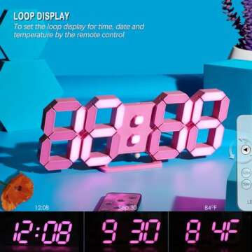 KOSUMOSU Pink LED Clock 3D Wall Clock 9.7" Table Clock for Living Room Modern Digital Clock for Bedroom Aesthetic Bedside Desk Clock with Remote/Dimming/12/24H/Temp/Alarm Clock/Date