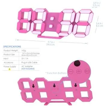 KOSUMOSU Pink LED Clock 3D Wall Clock 9.7" Table Clock for Living Room Modern Digital Clock for Bedroom Aesthetic Bedside Desk Clock with Remote/Dimming/12/24H/Temp/Alarm Clock/Date