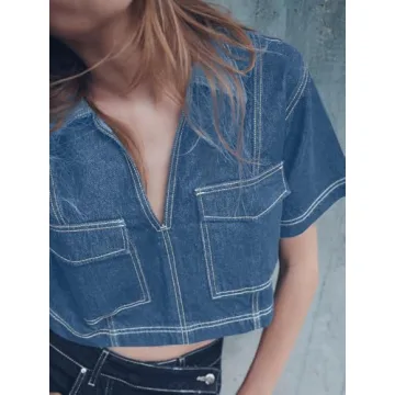 Cicy Bell Women's V Neck Denim Crop Top for Summer Style