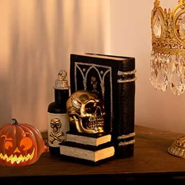Ovewios Halloween Skull Decor - Gothic Skeleton Head and Book Resin Statue Collectible Figurines for Halloween Holiday Party Room Fall Home Ornaments