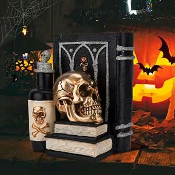 Ovewios Halloween Skull Decor - Gothic Skeleton Head and Book Resin Statue Collectible Figurines for Halloween Holiday Party Room Fall Home Ornaments