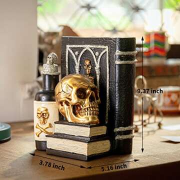 Ovewios Halloween Skull Decor - Gothic Skeleton Head and Book Resin Statue Collectible Figurines for Halloween Holiday Party Room Fall Home Ornaments