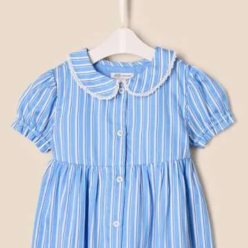 Amazon Essentials x Sofia Grainge Baby Girls' Cotton Sateen Dress with Collar, Blue White Stripe, 3-6 Months