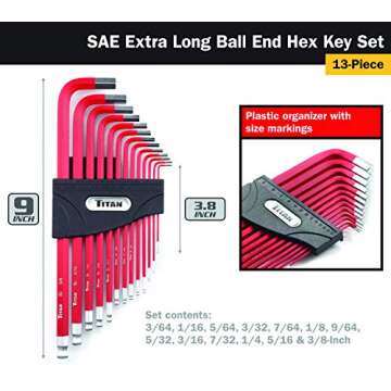 Titan 12713 Extra-Long Arm Ball Tip SAE Hex Key Set, 13 Piece