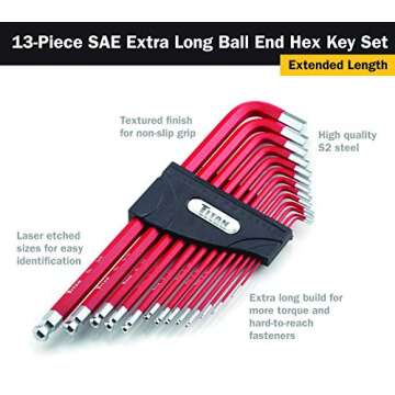 Titan 12713 Extra-Long Arm Ball Tip SAE Hex Key Set, 13 Piece