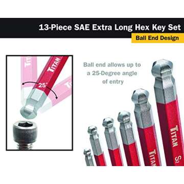 Titan 12713 Extra-Long Arm Ball Tip SAE Hex Key Set, 13 Piece