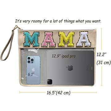 TopTTanBo Chenille Letter Clear Bag Purse Multi-purpose Transparent Waterproof Snacks Makeup Tote Bag with Wrist Strap (Beige-MAMA)