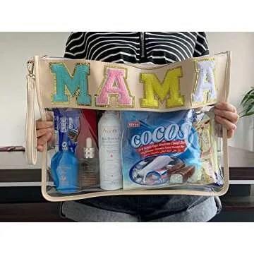 TopTTanBo Chenille Letter Clear Bag Purse Multi-purpose Transparent Waterproof Snacks Makeup Tote Bag with Wrist Strap (Beige-MAMA)