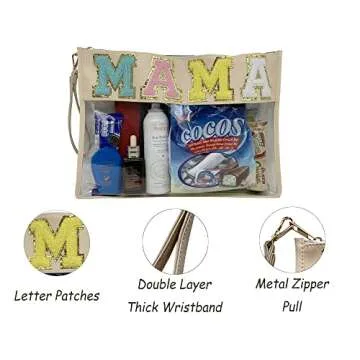 TopTTanBo Chenille Letter Clear Bag Purse Multi-purpose Transparent Waterproof Snacks Makeup Tote Bag with Wrist Strap (Beige-MAMA)