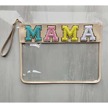 TopTTanBo Chenille Letter Clear Bag Purse Multi-purpose Transparent Waterproof Snacks Makeup Tote Bag with Wrist Strap (Beige-MAMA)