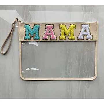 TopTTanBo Chenille Letter Clear Bag Purse Multi-purpose Transparent Waterproof Snacks Makeup Tote Bag with Wrist Strap (Beige-MAMA)