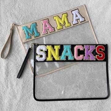 TopTTanBo Chenille Letter Clear Bag Purse Multi-purpose Transparent Waterproof Snacks Makeup Tote Bag with Wrist Strap (Beige-MAMA)