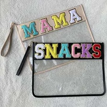 TopTTanBo Chenille Letter Clear Bag Purse Multi-purpose Transparent Waterproof Snacks Makeup Tote Bag with Wrist Strap (Beige-MAMA)