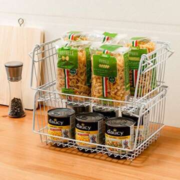 Homics Stackable Wire Baskets Pantry Organization and Storage, Large Capacity Kitchen Produce Basket Bins for Fruits, Vegetables, Potatoe, Cans, Onion and Snacks - Set of 2