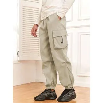 ZAFUL Flat Pocket Parachute Pants for Men Causal Baggy Cargo Pants Unisex Street Y2K Pants Drawstring Trousers Apricot M