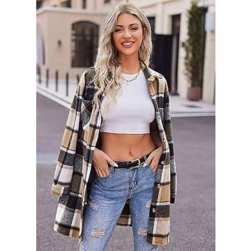 HOTOUCH Women Khaki Winter Clothes for Women Loose Boyfriend Lightweight Tartan Jacket Flannel Cardi...
