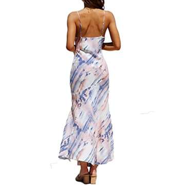 Tie Dye Print Maxi Dresses for Women Pleated Bust Front Split Wedding Guest Sexy Beach Long Midi Dress Blue