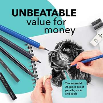 Castle Art Supplies 26 Piece Drawing and Sketching Art Set: Perfect for Beginners, Kids or Any Aspiring Artist - Includes Graphite Pencils and Sticks, Charcoal Pencils, Erasers and Sharpeners, Adult