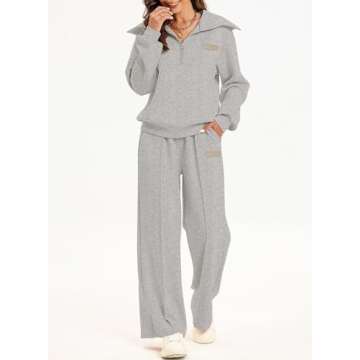 Aleumdr Womens 2 Piece Outfits Sweatsuits Fleece Lounge Set Quarter Sweatshirt Matching Set Oversized Pullover Wide Leg Sweatpant Tracksuits 2024 Fall Casual Travel Clothing Set Grey