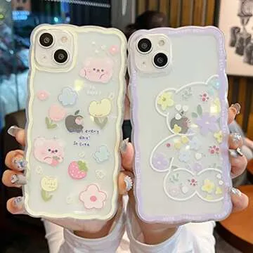 SZXYCZL Compatible iPhone 14 Case Cute Cartoon Floral Bear Design Female Girl Aesthetic Cute Slim Soft TPU Transparent Case for iPhone 14-Yellow