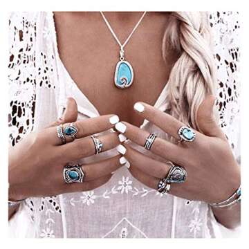 Barode Boho Turquoise Knuckle Vintage Feather Joint Knuckle Ring Set Stackable Midi Ring Set for Women(8PCS)