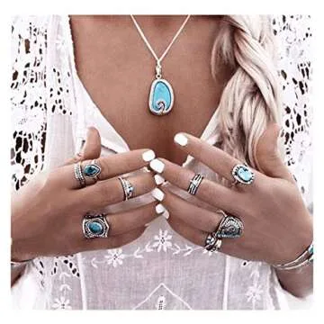 Barode Boho Turquoise Knuckle Vintage Feather Joint Knuckle Ring Set Stackable Midi Ring Set for Women(8PCS)